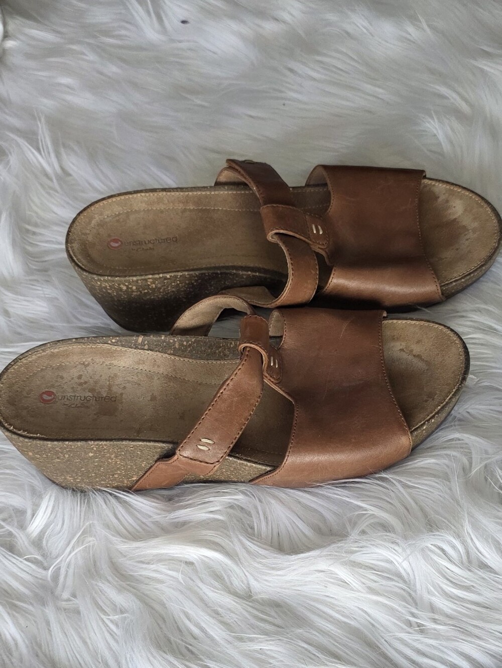 Clarks Brown Leather Wedge Slide Sandals